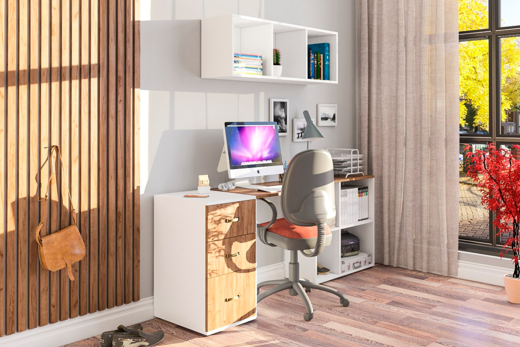 Домашние кабинеты, Универсальный письменный стол с тумбой с ящиками и верхней полкой Лидер-8