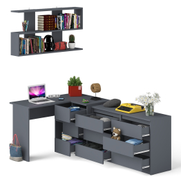 Стол угловой компьютерный Мори МС-16 правый с книжной полкой и комодом на шесть ящиков