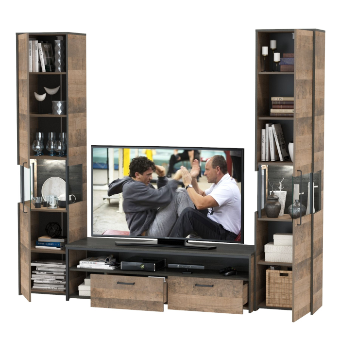 Стенки для гостиной, Два шкафа-пенала с подсветкой и тумба под ТВ Трувор № 18