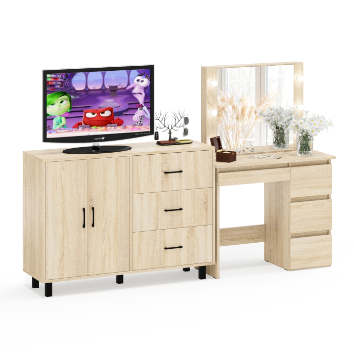 С зеркалом, Комод-тумба 123-1204 и столик косметический с подсветкой и зеркалом Сура