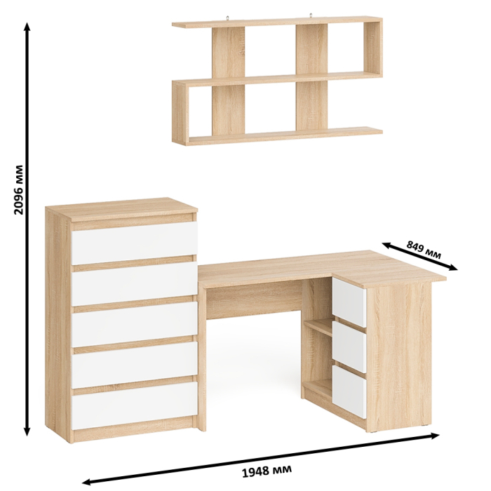 Домашние кабинеты, Комод Мори МК700.5 со столом компьютерным угловым МС-16 правым и открытой полкой 1200