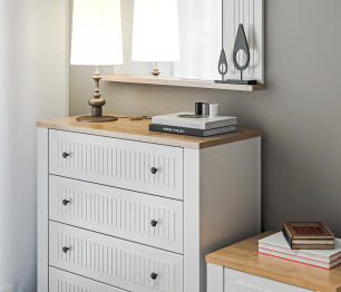 Спальня Монтана с комодом Белый Альпийский,Дуб Гамильтон/МДФ Дуб Белый