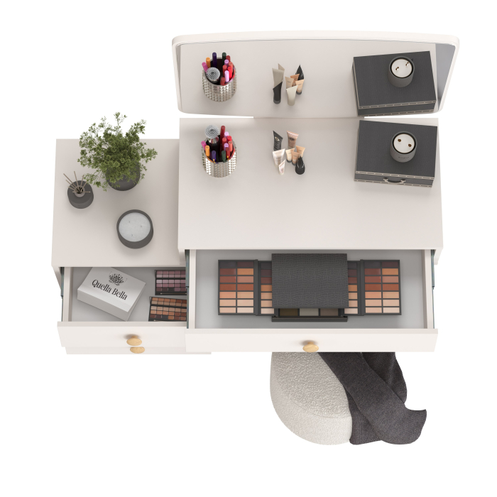 С зеркалом, Пуфик мягкий Марта и туалетный стол в спальню Афина