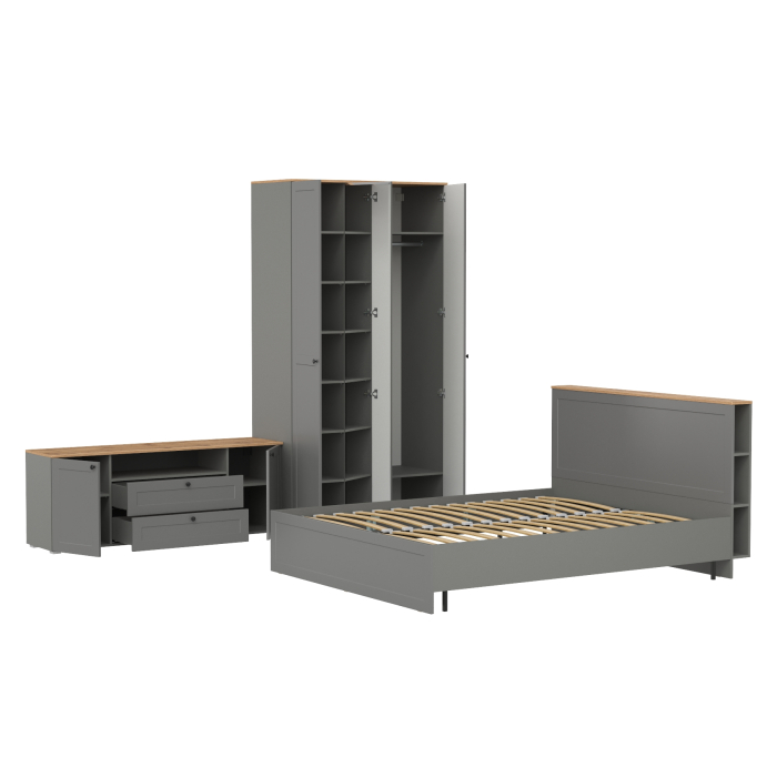 Спальные гарнитуры, Спальня из кровати Остин 11.53 с основанием 1600 и 3-х дверного шкафа для одежды и ТВ-тумбы 16.47