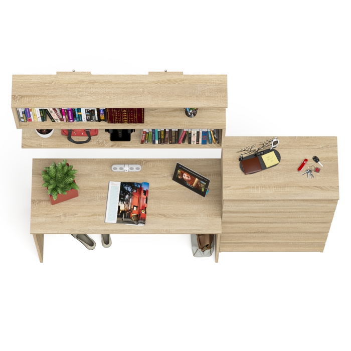 Прямые компьютерные столы, Комод высокий Мори пять выдвижных ящиков со столом для работы на 1200 и навесной полкой 1200