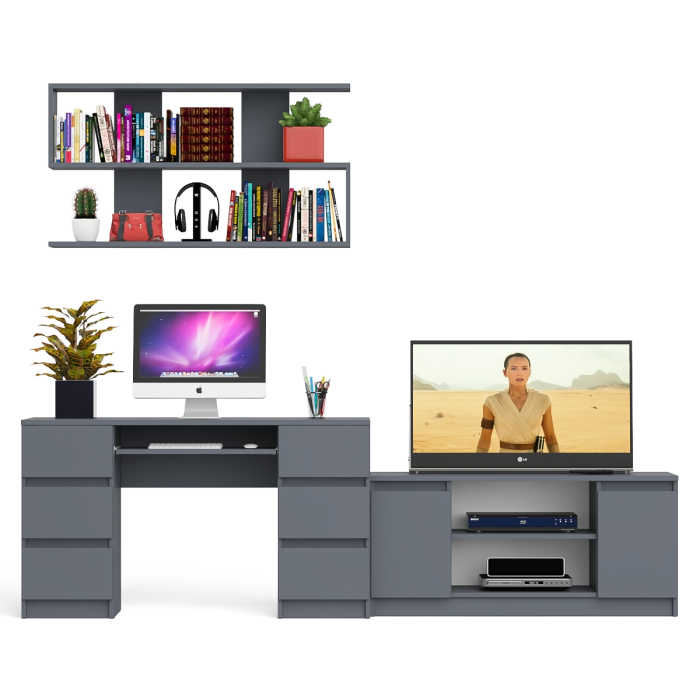 Домашние кабинеты, Письменный стол Мори МС-2 с ТВ-тумбой 1200 и навесной полкой 1200