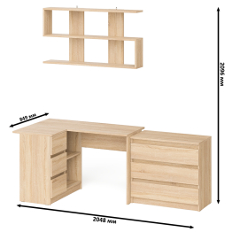Комод на три ящика Мори МК800.1 с компьютерным столом для работы левый и открытой полкой