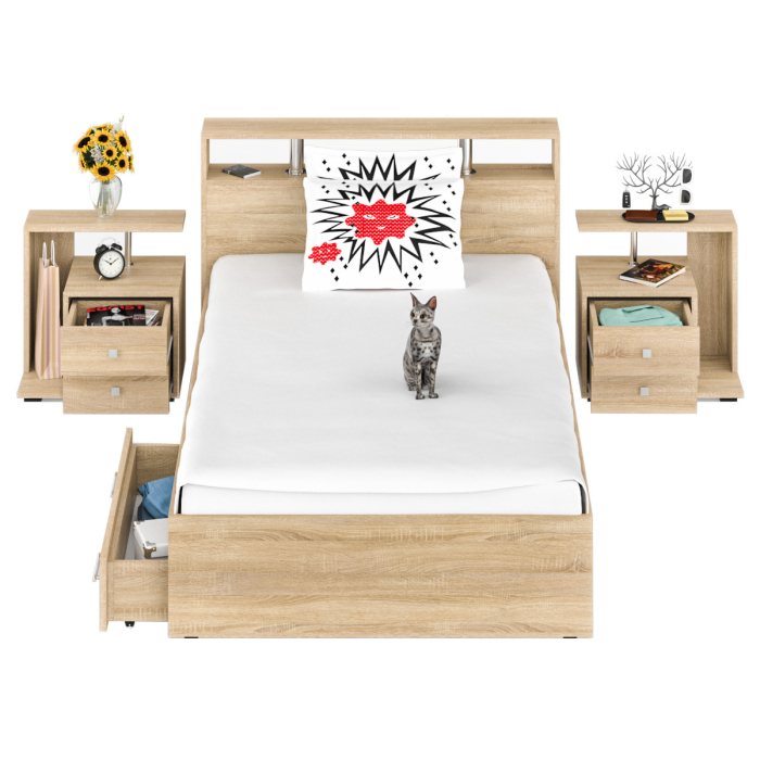 Спальные гарнитуры, Кровать с ящиками Камелия 1200 с двумя прикроватными тумбами