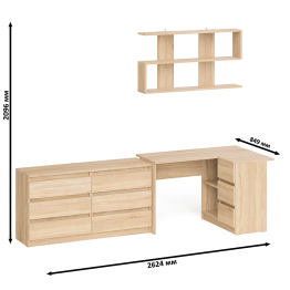 Комод широкий 6-ть ящиков Мори МК1380.6 с угловым компьютерным столом МС-16 правым и открытой книжной полкой