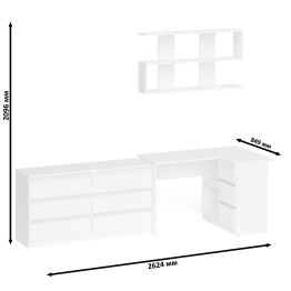 Комод широкий 6-ть ящиков Мори МК1380.6 с угловым компьютерным столом МС-16 правым и открытой книжной полкой