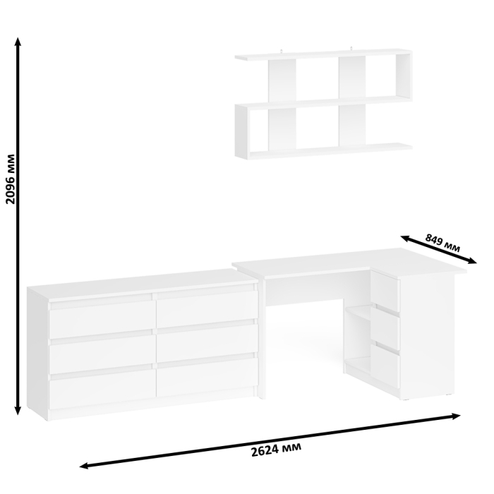Домашние кабинеты, Комод широкий 6-ть ящиков Мори МК1380.6 с угловым компьютерным столом МС-16 правым и открытой книжной полкой