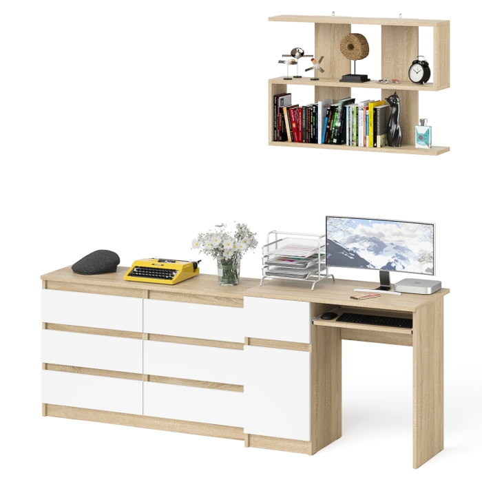 Прямые компьютерные столы, Большой комод на 6-ть ящиков Мори с компьютерным столом МС-1 левый и полка открытая на 900