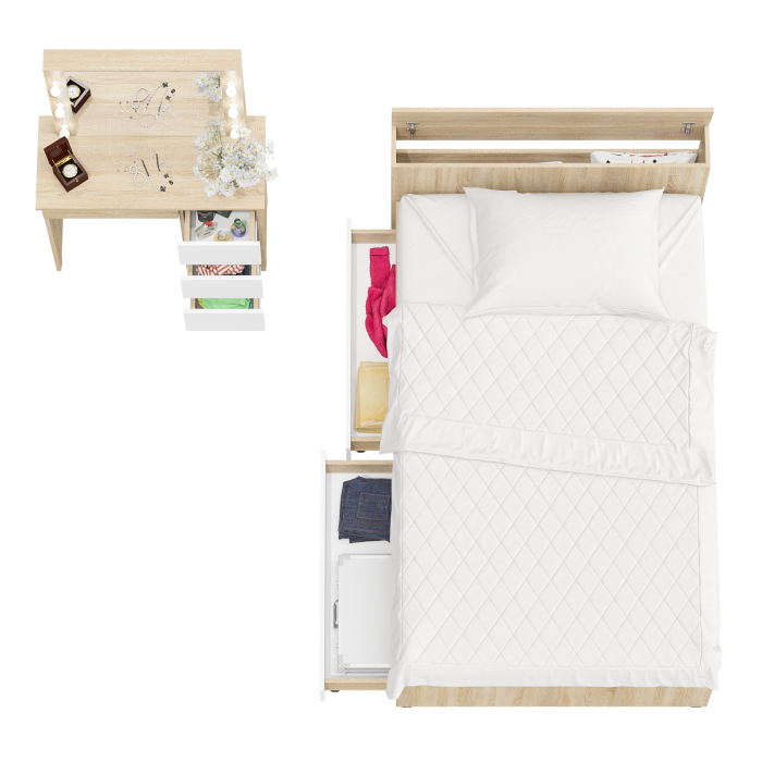 Спальные гарнитуры, Кровать с ящиками полутораспальная Ксения 1200 и туалетный столик с подсветкой Сура