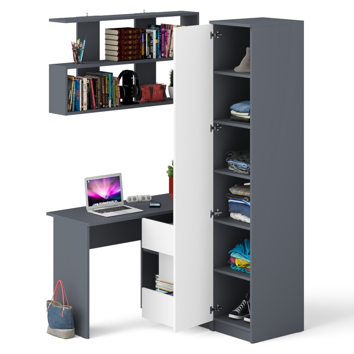 Домашние кабинеты, Стол угловой компьютерный Мори МС-16 правый с пеналом с полками и навесной открытой полкой 1200