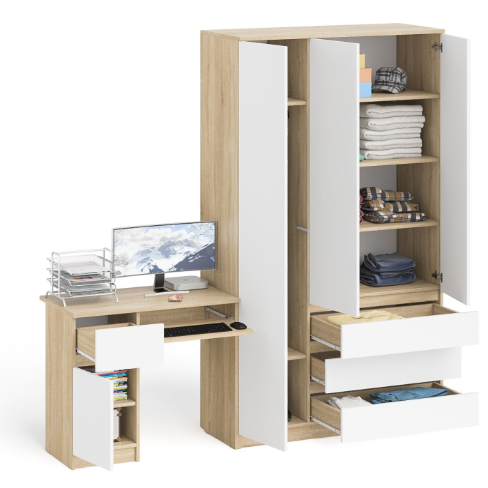 Домашние кабинеты, Компьютерный стол с тумбой с дверкой и ящиком левый и шкаф-комод Мори МШ1200-1