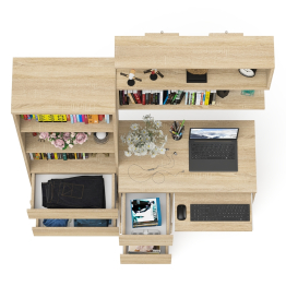 Стол для работы три ящика слева Мори с навесной полкой на 900 и стеллаж-комод три ящика