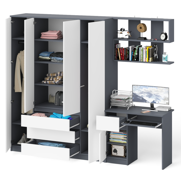 Домашние кабинеты, Четырёх-дверный шкаф-комод Мори МШ1600.1 с компьютерным столом МС-1 тумба слева и верхней полкой