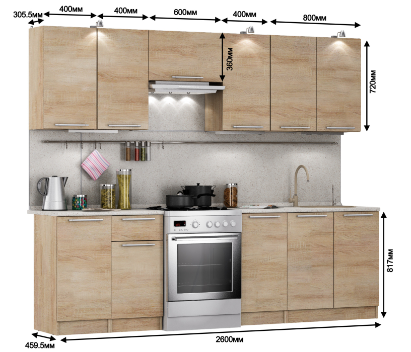 Кухонные гарнитуры, Кухня Ангелина Классик Дуб Сонома 2,6 м