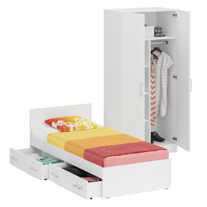 Спальные гарнитуры, Односпальная Кровать с ящиками 900 со шкафом для одежды 2-х створчатым Стандарт