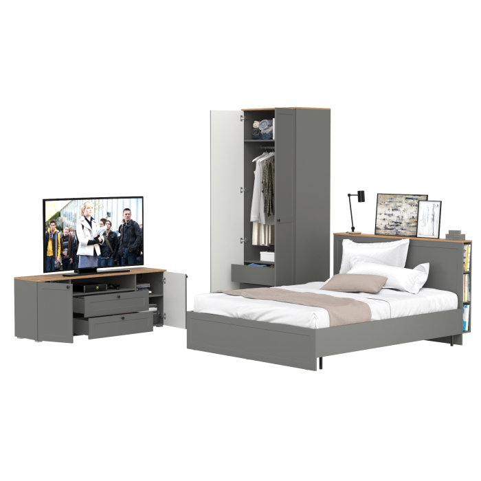 Спальные гарнитуры, Мебель в спальню Остин из тумбы под ТВ с кроватью с ортопедом на 1600 и шкафа-комода для одежды 13.336.02