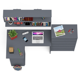 Угловой компьютерный стол Мори МС-16 левый с навесной полкой и высоким комодом на 5-ть ящиков