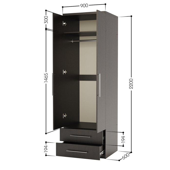 Для одежды, Шкаф для одежды с ящиками Мелодия МШЯ-21 90х60
