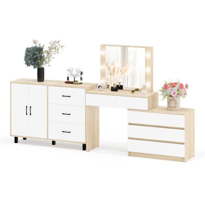 С зеркалом, Стол косметический с подсветкой 110 и тумба-комод с тремя ящиками и дверками 123-1204