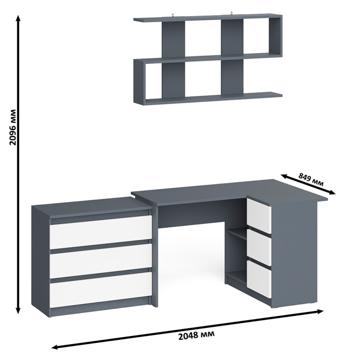 Домашние кабинеты, Стол компьютерный Мори МС-16 правый с навесной полкой и комодом МК800.1