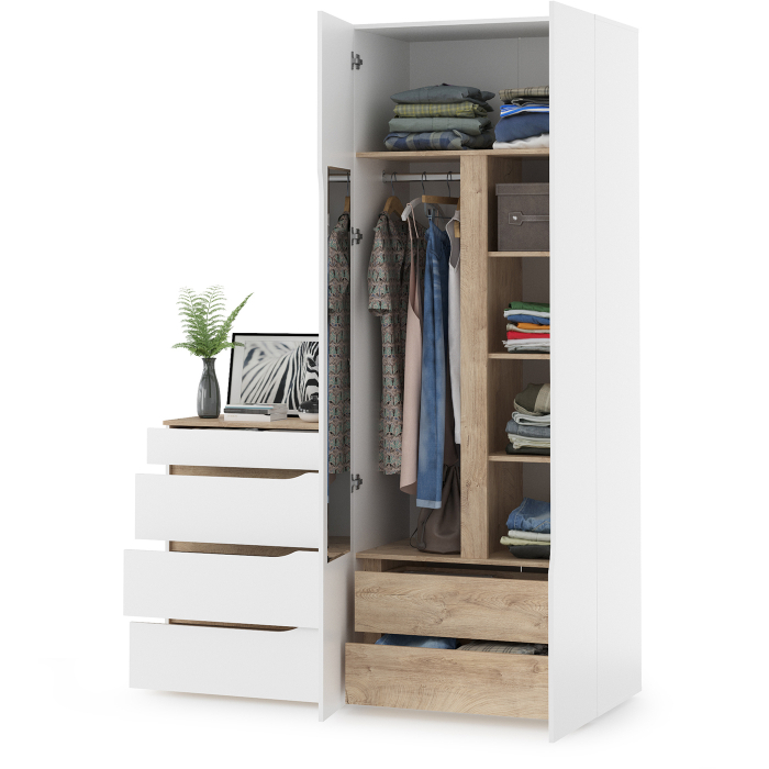 В гостиную, Шкаф двухстворчатый с комодом Муссон белый/дуб эндгрейн элегантный