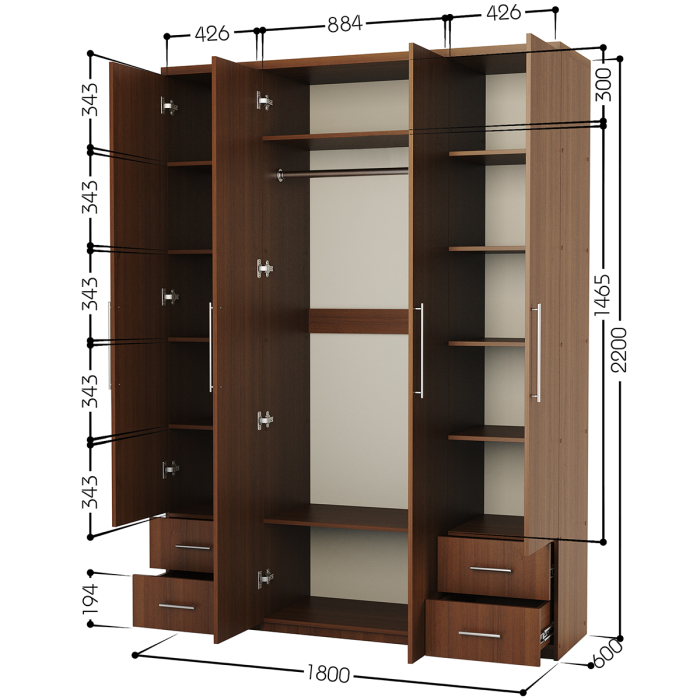 Для одежды, Шкаф четырехдверный Мелодия МКЯ2-43 180х60