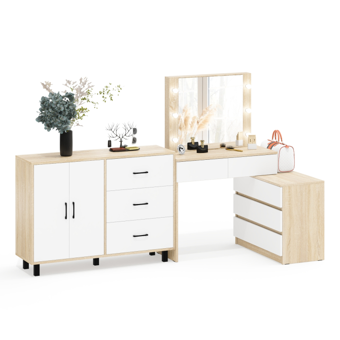 С зеркалом, Стол косметический с подсветкой 110 и тумба-комод с тремя ящиками и дверками 123-1204