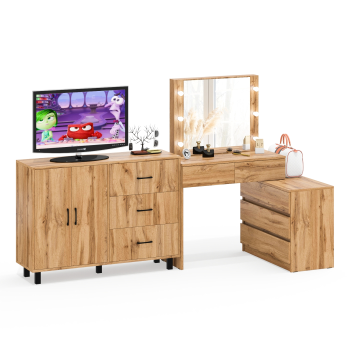 С зеркалом, Стол косметический с подсветкой 110 и тумба-комод с тремя ящиками и дверками 123-1204