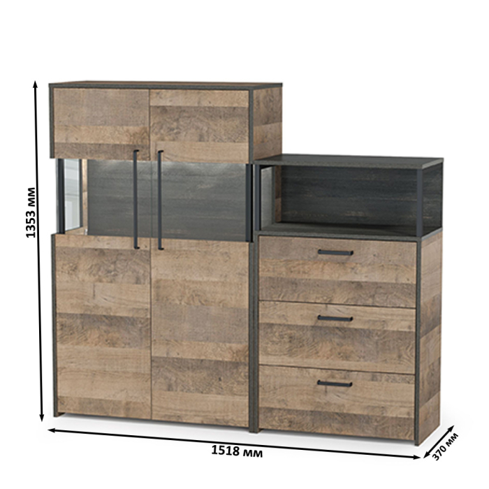 Стенки для гостиной, Комод с витриной с двумя дверками и подсветкой и комод с ящиками Трувор