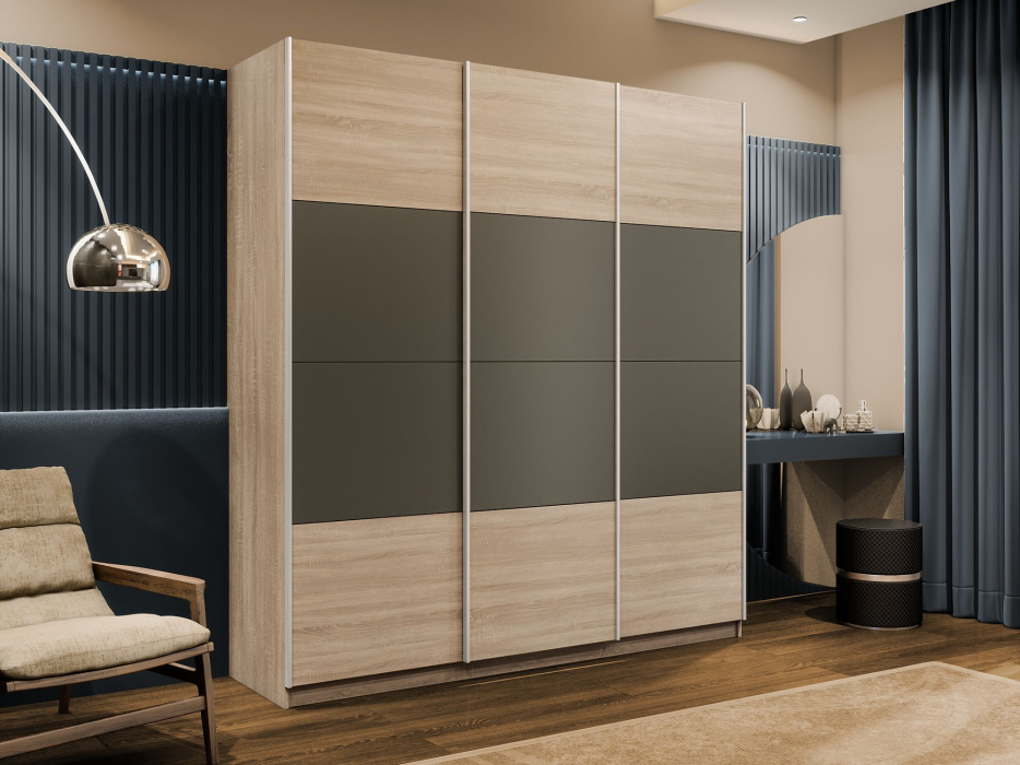 Шкафы-купе 3-х дверные, Шкаф-купе Эста 3-х дверный ДСП/Стекла хаки/Доводчик 270х66х240