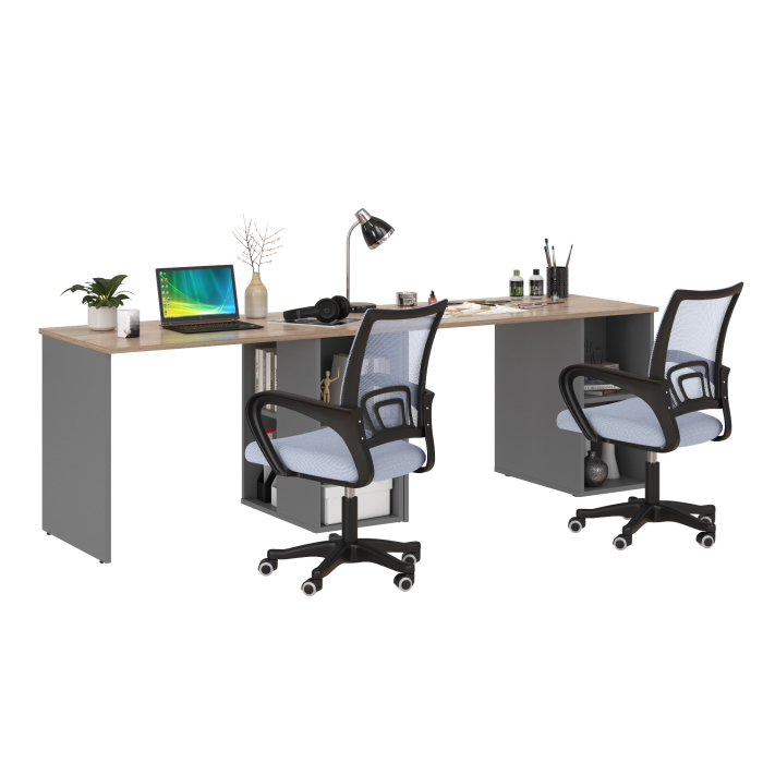 Прямые компьютерные столы, Набор для работы и учёбы из двух столов письменных Лайт 12.163 и двух серых кресел