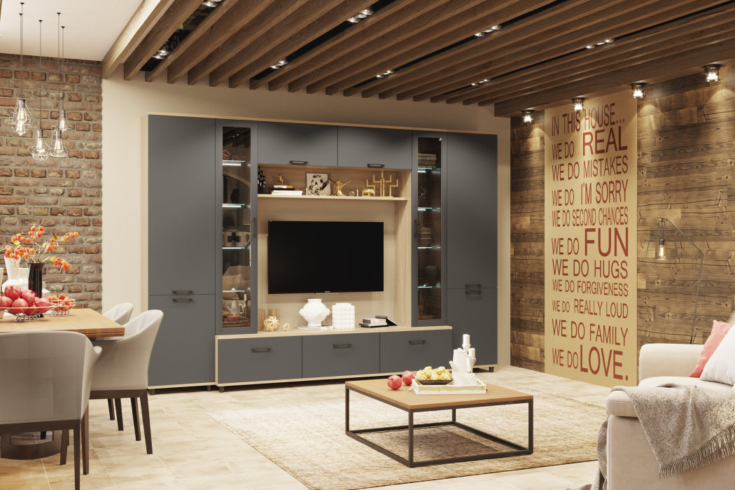 Стенки для гостиной, Модульная гостиная Грейс композиция 9  Ясень Асахи