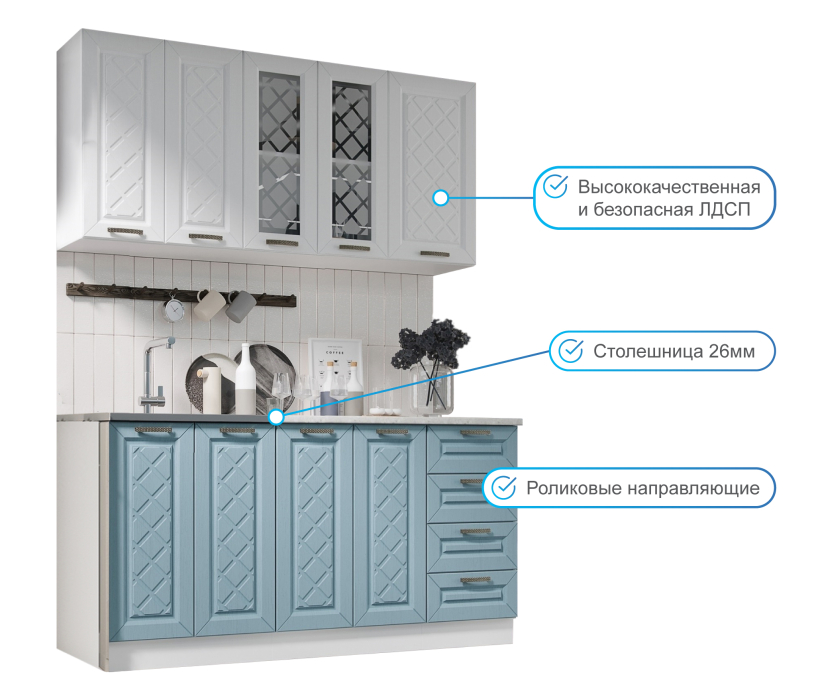 Кухонные гарнитуры, Кухня Агава 1,6 м Акация Белая/Аква МДФ
