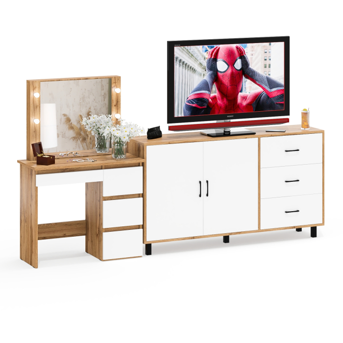 С зеркалом, Косметический столик Сура с зеркалом и подсветкой и с тумбой-комодом 123-1604