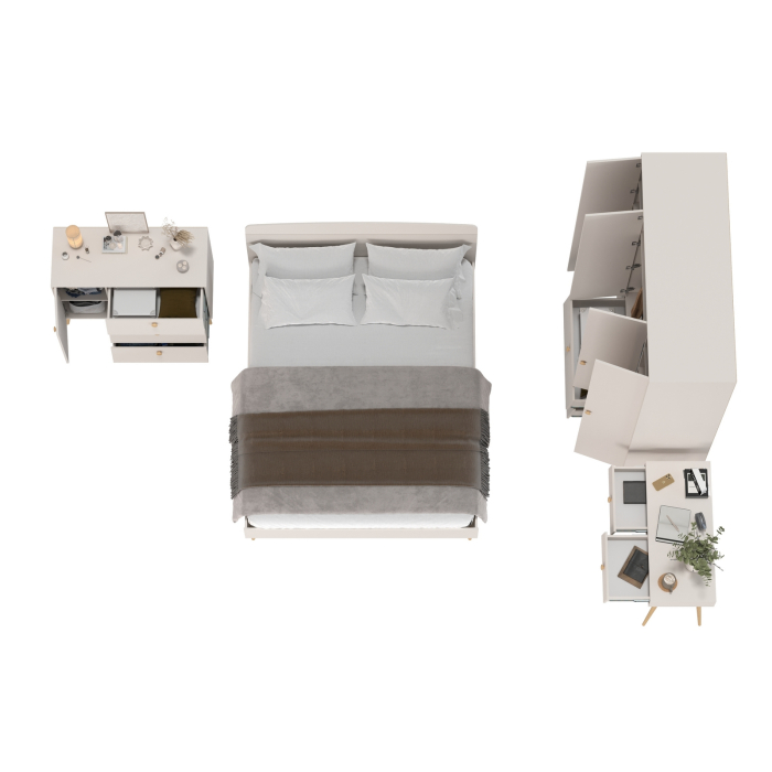 Спальные гарнитуры, Столик на ножках с кроватью Афина 1600 со шкафом 4-ре двери и комодом с ящиками