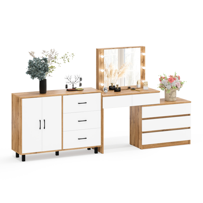 С зеркалом, Стол косметический с подсветкой 110 и тумба-комод с тремя ящиками и дверками 123-1204