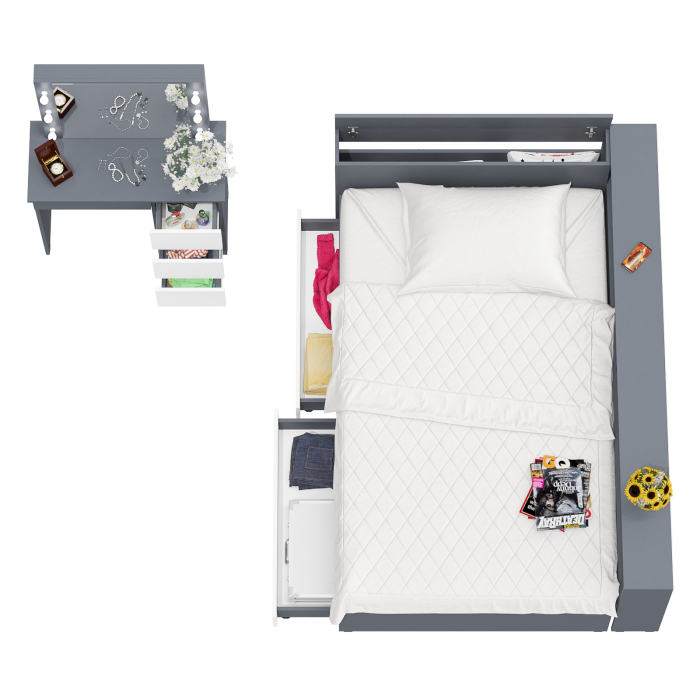 Спальные гарнитуры, Кровать с прикроватным блоком с ящиками Ксения 1200 и туалетный столик с подсветкой Сура