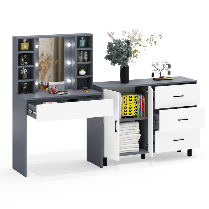 С зеркалом, Туалетный столик с подсветкой 115 и тумба-комод 123-1204