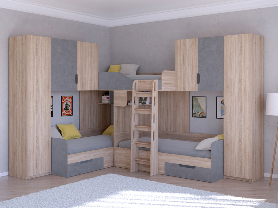 Для подростков, Кровать двухъярусная Трио/3 Дуб Сонома