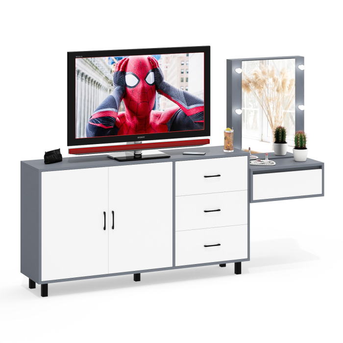 С зеркалом, Косметический навесной столик с подсветкой и комод с ящиками и дверками 123-1604