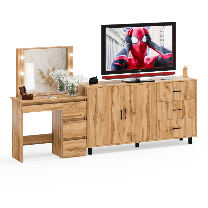 С зеркалом, Косметический столик Сура с зеркалом и подсветкой и с тумбой-комодом 123-1604