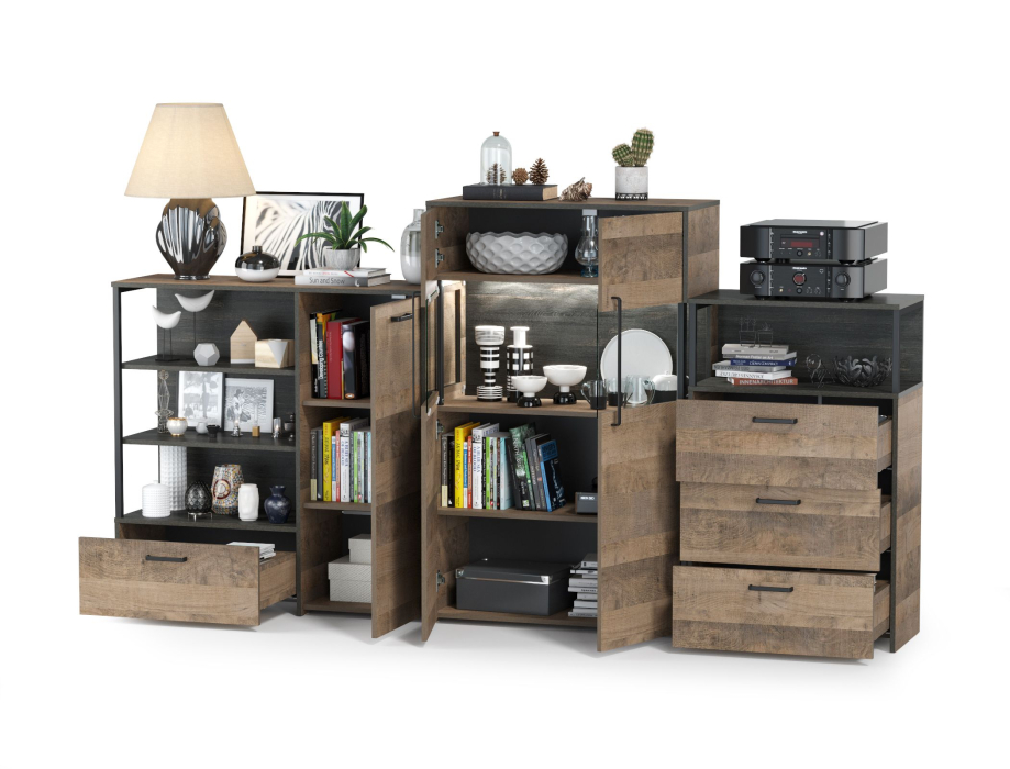 Стенки для гостиной, Комод с ящиком Трувор и дверкой с комодом с витриной с подсветкой и комод с тремя ящиками