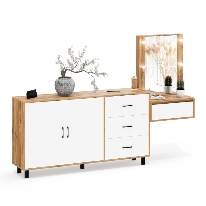 С зеркалом, Косметический навесной столик с подсветкой и комод с ящиками и дверками 123-1604