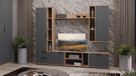 Шкаф для посуды Хилтон, дуб крафт золотой, графит матовый