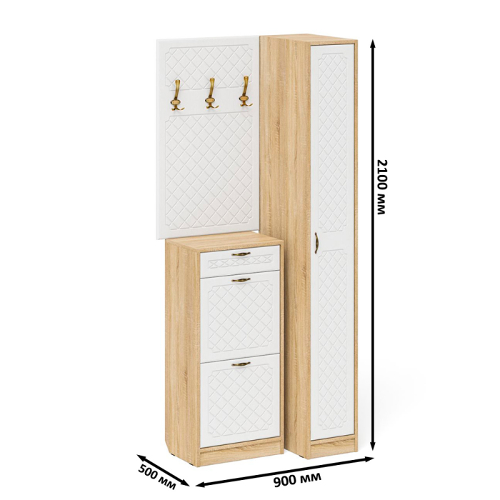 Прихожие, Высокая обувница с вешалкой с крючками и пеналом П-6-500 для прихожей фрезеровка ромб