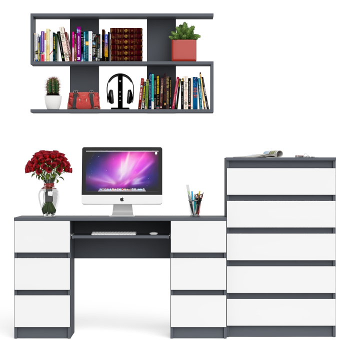 Домашние кабинеты, Стол для работы МС-2 с высоким комодом на пять ящиков и навесной полкой Мори